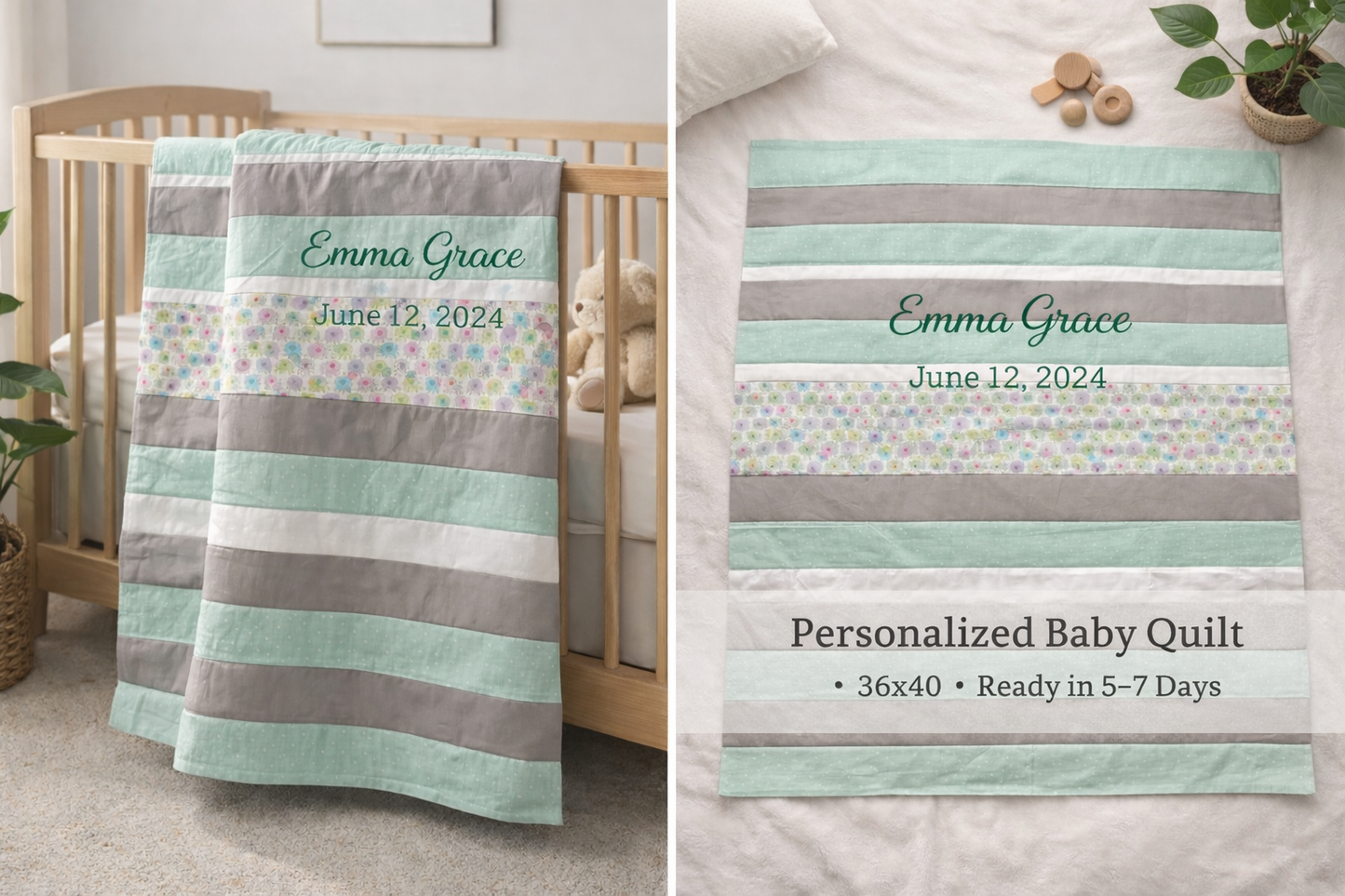 Quilted Baby Blanket – Neutral Handmade Quilt – Soft Cotton Heirloom Baby Gift – Minimalist Nursery Bedding