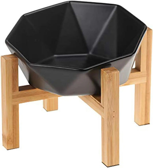 Tilted Elevated Ceramic Pet Bowl with Bamboo Stand | Modern Feeding Dish